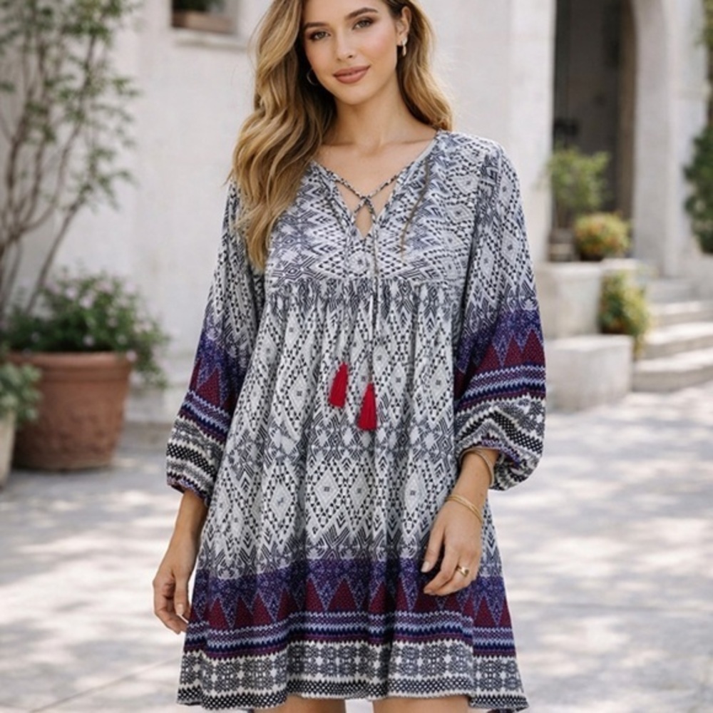 Umgee Women's Navy White Patterned Print Tassel Tie Tunic Mini Dress EUC M #1015